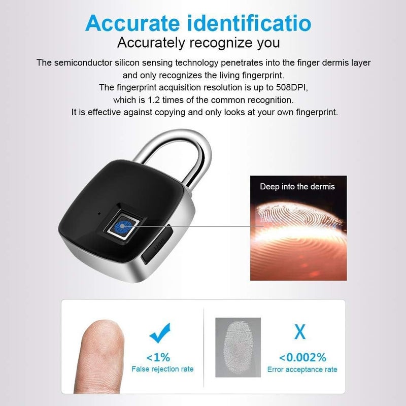woobles Fingerprint Padlock, Smart Keyless Lock with Finger Print Recognition Security Touch Anti Theft Padlock ,IP65 Waterproof for Gym Locker, Suitcase, Cabinet Box Black - Image 3